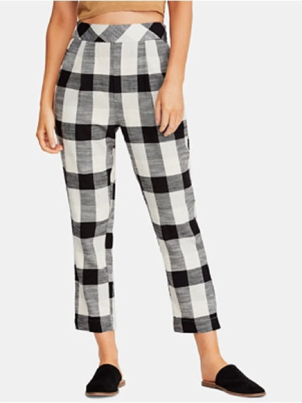 Free People Gingham Plaid Cropped Pants L NWT High Rise Pull-On Black White - Picture 7 of 7